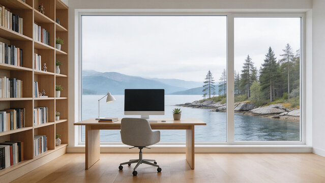 Modern home office with a stunning view of a serene Scandinavian fjord, Digital background, zoom background, meeting backdrop, teams background, virtual meeting backdrop, video call background