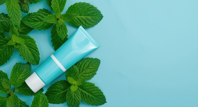 Morning oral hygiene concept featuring a mint toothpaste tube on vibrant mint leaves with copy space
