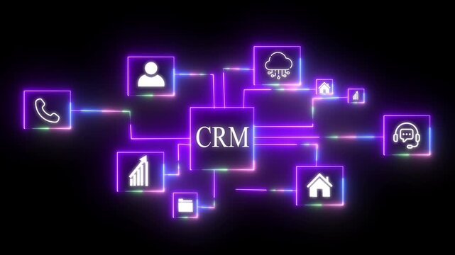 Glowing neon CRM system connecting business icons handshake phone graph growth gears human resources and cybersecurity for digital transformation and customer relationship management 4k  .