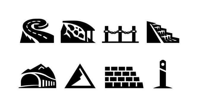 Mountain road engineering safety: hairpin turn spiral bend, rockfall canopy shield frame, guardrail post chain row, slope drainage chute line, snow shed tunnel arch, gradient