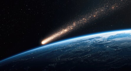 Fototapeta premium Radiant comet and meteorite flying near Earth's orbit path