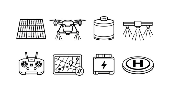 Drone agriculture spraying: crop field grid, spraying drone, liquid tank, nozzle spray, remote controller, gps mapping screen, battery pack, landing pad