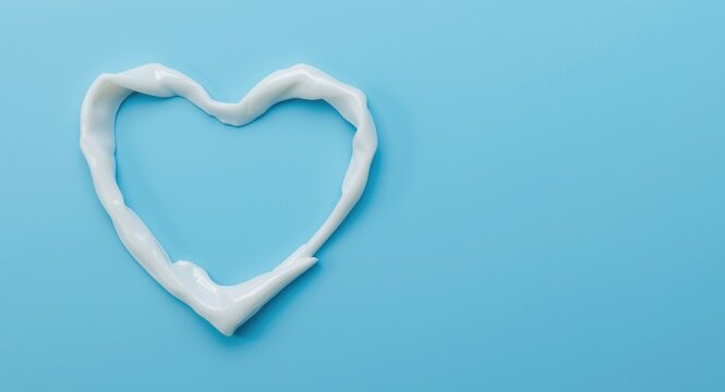 Heart shaped toothpaste with toothbrush on blue background with copy space