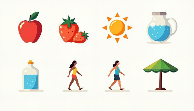 Illustration of healthy lifestyle symbols in vibrant colors  
