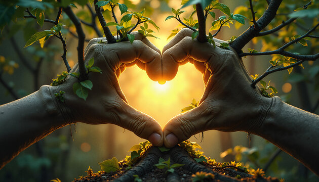 Hands forming heart shape with sunlight and greenery backdrop
