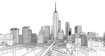 Fototapeta premium Artistic line drawing showcasing modern skyscraper complex within cityscape