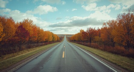 Fototapeta premium Overhead perspective of a calm paved road lined with bright autumn colors providing copy space