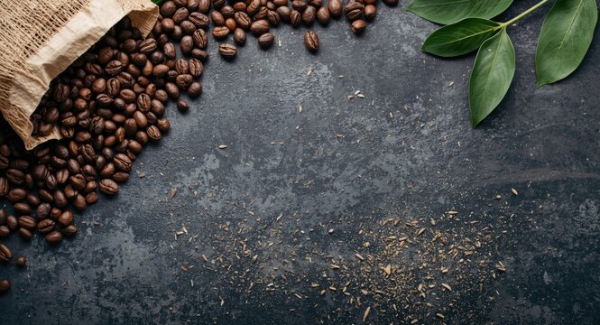 Natural culinary display featuring coffee bag roasted beans and green leaves