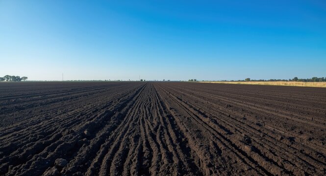 Open expanse of arable black earth with clear blue sky fostering creativity