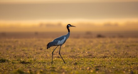 Naklejka premium Demoiselle crane walking gracefully across open field at dawn