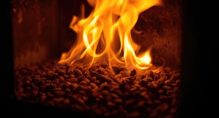 Fototapeta premium Methane pellet combustion inside pellet stove generating warm flames and home energy