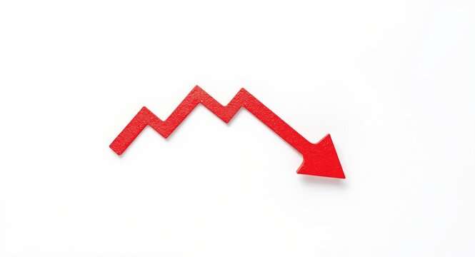 Investment risk graph featuring decreasing trend and red arrow on white surface