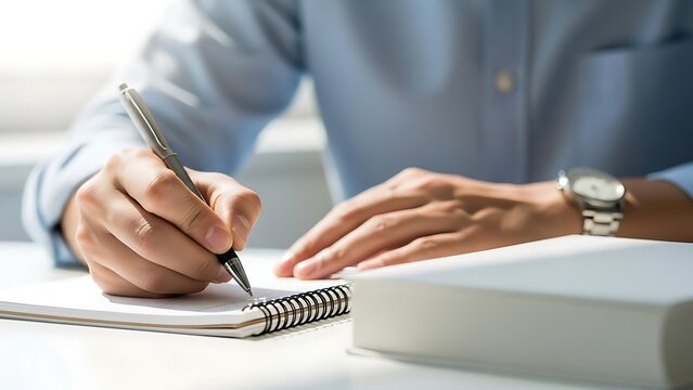 Person writing in a notebook with a pen