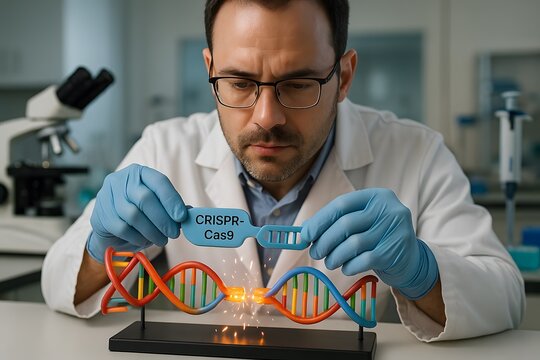 A middle-aged Caucasian man in a lab coat working with a DNA model and CRISPR-Cas9 gene editing tool