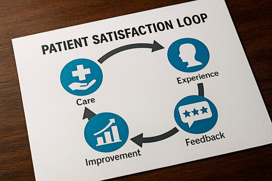 A patient satisfaction loop diagram on a wooden desk