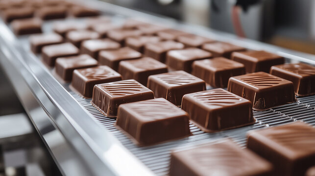 Chocolate sweets candy on conveyor automatic line, production of chocolates in factory, rectangular chocolates for boxes on conveyor line, generative ai