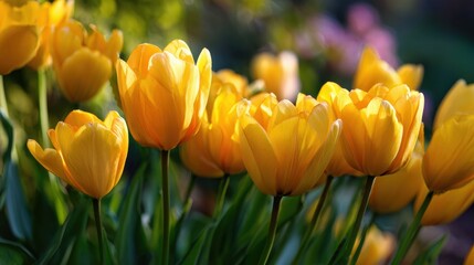 Obraz premium Yellow tulips in bloom under soft sunlight in garden