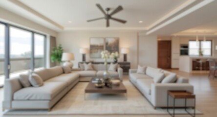 Fototapeta premium Blurred image of expansive contemporary living room featuring sectional sofa and peaceful tones