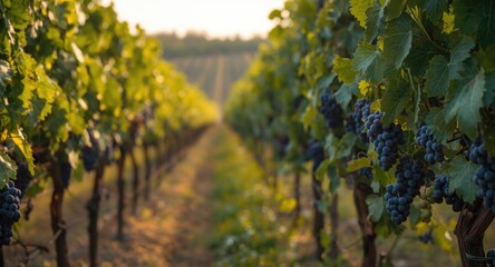 Fototapeta premium Late day vineyard view showing abundant ripe grapes on vines