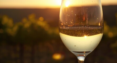 Naklejka premium Macro close up photograph of a white wine glass and vineyard glowing at golden hour
