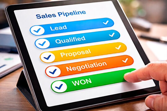 A person interacting with a tablet displaying a sales pipeline on a wooden desk in a modern office