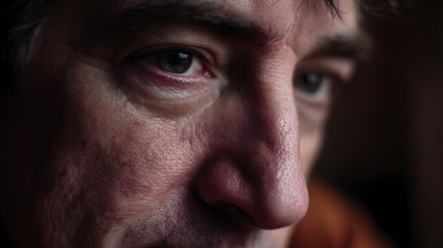 Peter reflecting on his own spoken promise now broken, subtle tension in his lips and eyes, simple background fading into softness, diffused lighting with warm undertones, close-up shot with a 85mm le