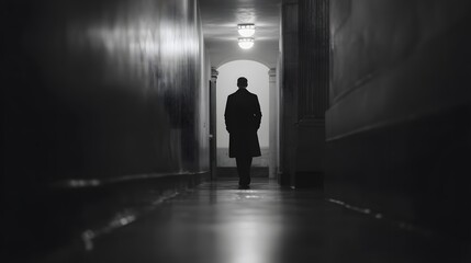 Obraz premium Peter moving toward a narrow exit after denying, body language cautious and restrained, confined architectural passage, low directional lighting guiding perspective, wide shot with a 24mm lens, emotio