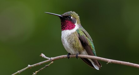 Obraz premium Glorious fiery throated hummingbird perched on a branch with sparkling feathers