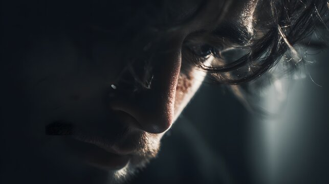 Peter partially hidden in shadow after denying, only part of his face visible, enclosed space with darkened edges, strong contrast lighting, close-up shot with a 85mm lens, spiritual realism with dram