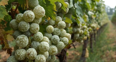 Fototapeta premium Close view of powdery mildew spores on white grape bunches in vineyard rows