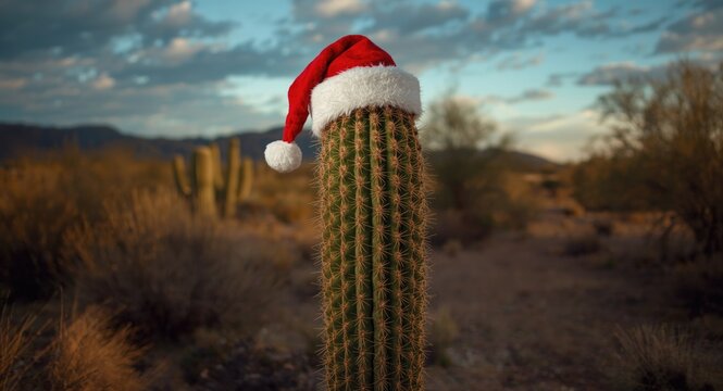 Holiday joy captured with saguaro cactus wearing santa hat in desert