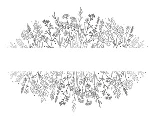 Hand drawn wildflower split border frame with top and bottom botanical bands and blank center space for text. Line art meadow design for wedding cards, invitations, logos and nature stationery project © Natalya