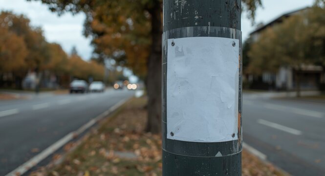 Intimate look at a lost pet flyer on roadside pole featuring blank space for custom input