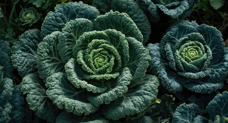 Fototapeta premium Outdoor vegetable plot cultivation of curly kale along with varied kale species
