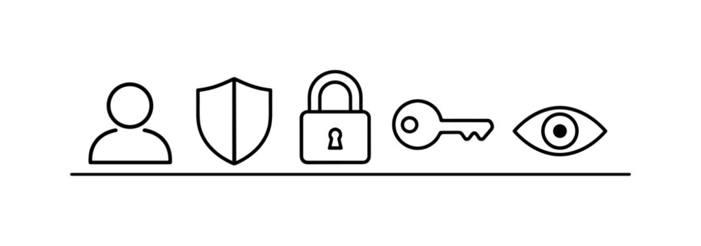 Digital identity protection and account safety for preventing unauthorized access and maintaining secure user presence online, user profile icon, shield, padlock, key, and eye