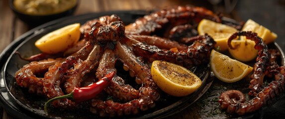 Fototapeta premium Smoky grilled octopus prepared with chili and lemon slices