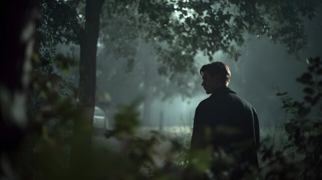 Peter blending into the background after denying, presence becoming less distinct, layered environment with depth, soft low contrast lighting, wide shot with a 28mm lens, emotional storytelling with a