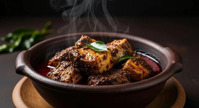 Hot and spicy Sri Lankan fish ambul thiyal curry served in a clay pot.