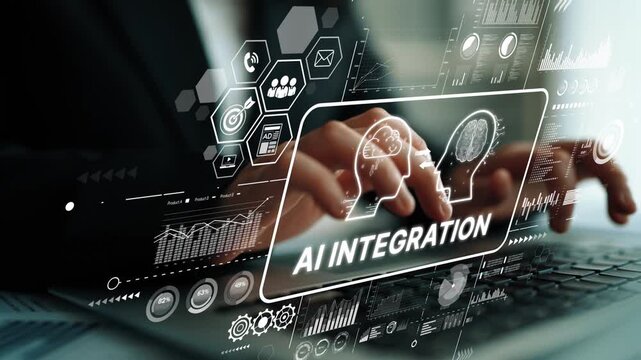 Hands Typing on Laptop with Futuristic Digital Interface Showing AI Integration Concept for Technology and Business Solutions. Asymptotic smart data analytic.