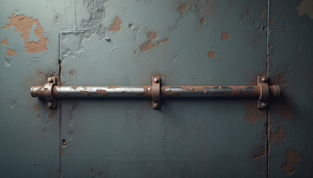 Rusty pipe on weathered metal wall
