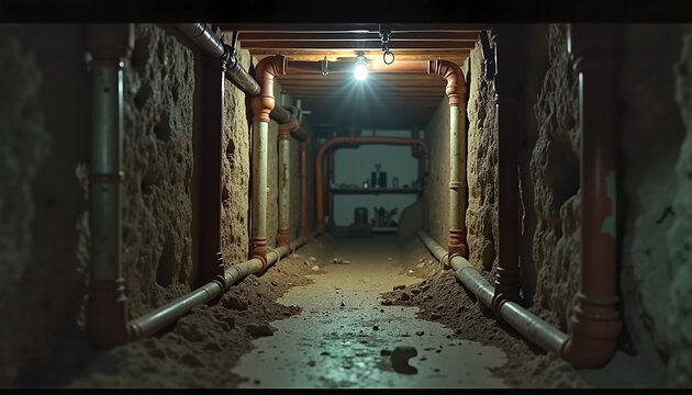 Underground tunnel with pipes illuminated by a light
