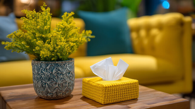 Therapy session setting with comfort items, tissue box and feelings wheel chart on coffee table, emotional wellness consultation space, ideal for mental health counseling and moder