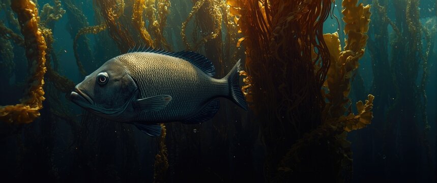 Full size Garibaldi exploring rich marine kelp environment with copy space for text