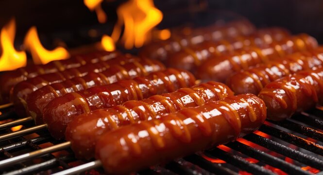 Juicy hot dogs grilling with dancing flames in the background