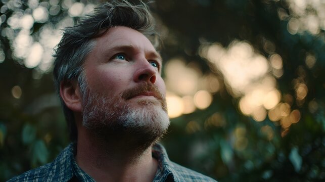 A man turning slightly upward as a rooster call reaches him, realization dawning in his expression, layered outdoor environment with subtle depth, soft directional sunrise lighting, medium shot with a