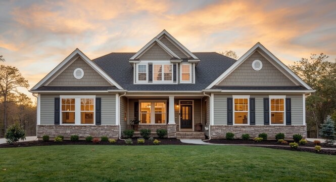 Single family residence with vinyl siding, fascia, and soffit accents under radiant sunset