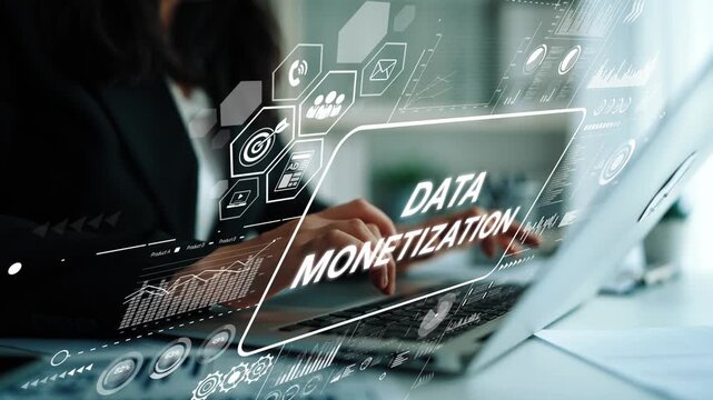 Business professional engaged in data monetization strategies using modern technology in a professional office environment. Asymptotic smart data analytic.