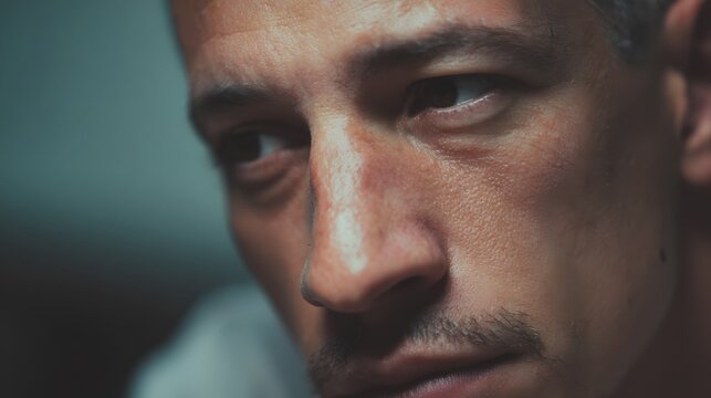 A man avoiding eye contact after denying, tension visible in posture, simple environment emphasizing human interaction, soft neutral lighting, medium close-up with a 60mm lens, emotional realism with 