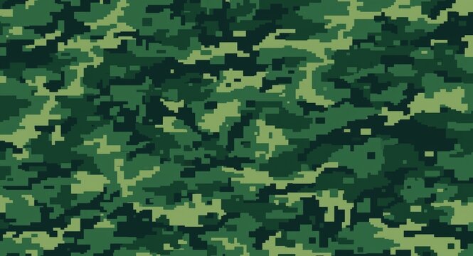 Pixelated digital camouflage pattern with overlapping shapes as abstract background
