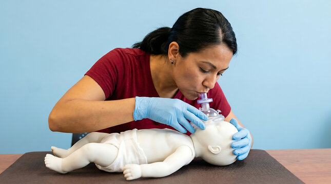 Woman practicing infant CPR and rescue breathing with a pocket mask on a baby mannequin during first aid training.